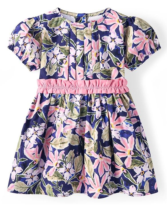 Babyhug Cotton Woven Half Puffed Sleeves Floral Printed Frock - Blue
