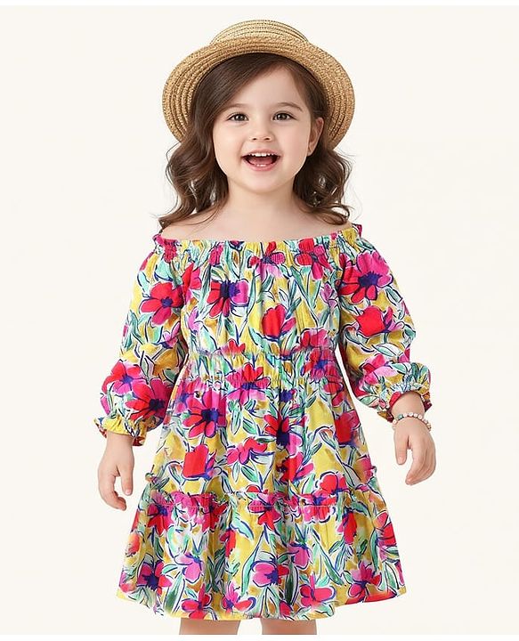 Babyhug Cotton Woven Full Sleeves Floral Printed Frock - Dark Pink White & Yellow