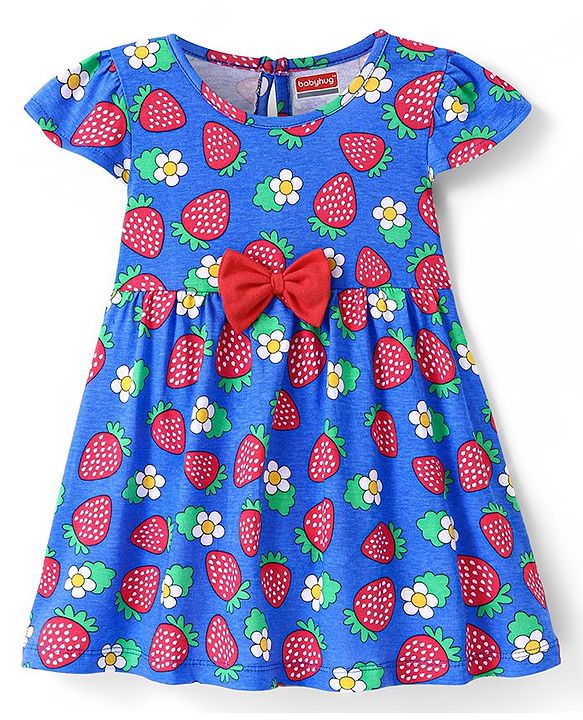 Babyhug Cotton Woven Half Cap Sleeves Frock With Strawberry & Floral Print & Bow Applique - Blue
