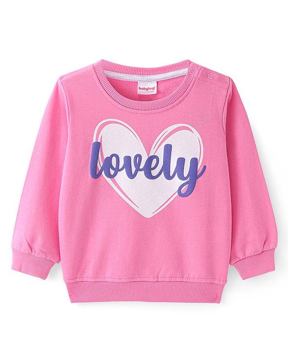 Babyhug Cotton Knit Full Sleeves Sweatshirt With Heart & Text Print - Pink