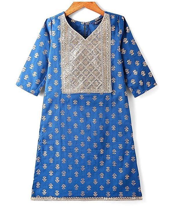 Pine Kids Cotton Woven Half Sleeves Floral Printed Kurta Salwar Dupatta Set with Lace & Sequin Detailing - Navy Blue