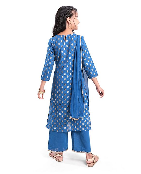 Pine Kids Cotton Woven Half Sleeves Floral Printed Kurta Salwar Dupatta Set with Lace & Sequin Detailing - Navy Blue