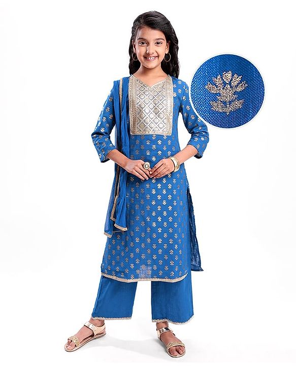 Pine Kids Cotton Woven Half Sleeves Floral Printed Kurta Salwar Dupatta Set with Lace & Sequin Detailing - Navy Blue