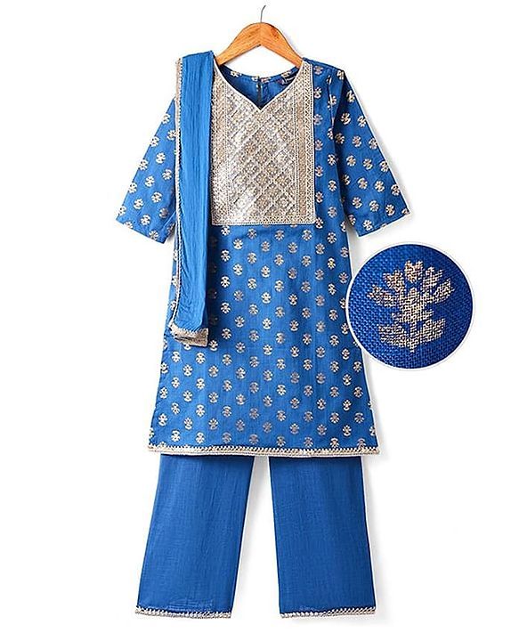 Pine Kids Cotton Woven Half Sleeves Floral Printed Kurta Salwar Dupatta Set with Lace & Sequin Detailing - Navy Blue