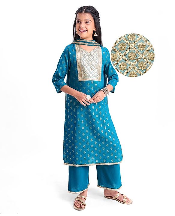 Pine Kids Cotton Woven Half Sleeves Floral Printed Kurta Salwar Dupatta Set with Lace & Sequin Detailing - Teal Blue