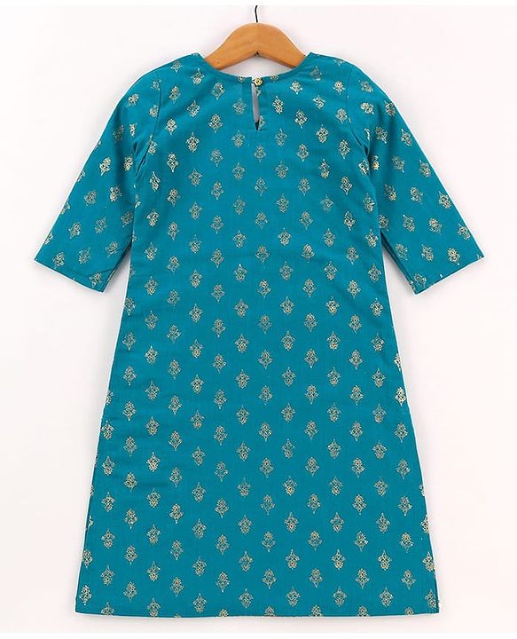 Pine Kids Cotton Woven Half Sleeves Floral Printed Kurta Salwar Dupatta Set with Lace & Sequin Detailing - Teal Blue