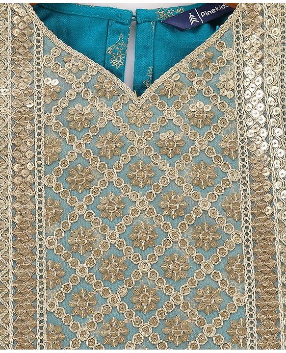 Pine Kids Cotton Woven Half Sleeves Floral Printed Kurta Salwar Dupatta Set with Lace & Sequin Detailing - Teal Blue