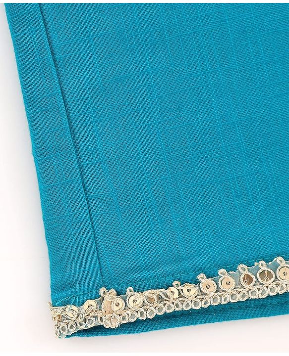 Pine Kids Cotton Woven Half Sleeves Floral Printed Kurta Salwar Dupatta Set with Lace & Sequin Detailing - Teal Blue