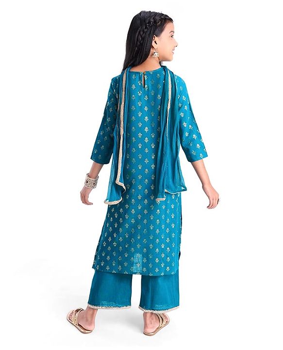 Pine Kids Cotton Woven Half Sleeves Floral Printed Kurta Salwar Dupatta Set with Lace & Sequin Detailing - Teal Blue
