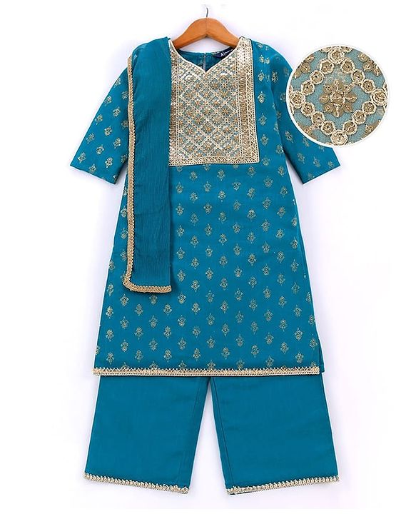 Pine Kids Cotton Woven Half Sleeves Floral Printed Kurta Salwar Dupatta Set with Lace & Sequin Detailing - Teal Blue