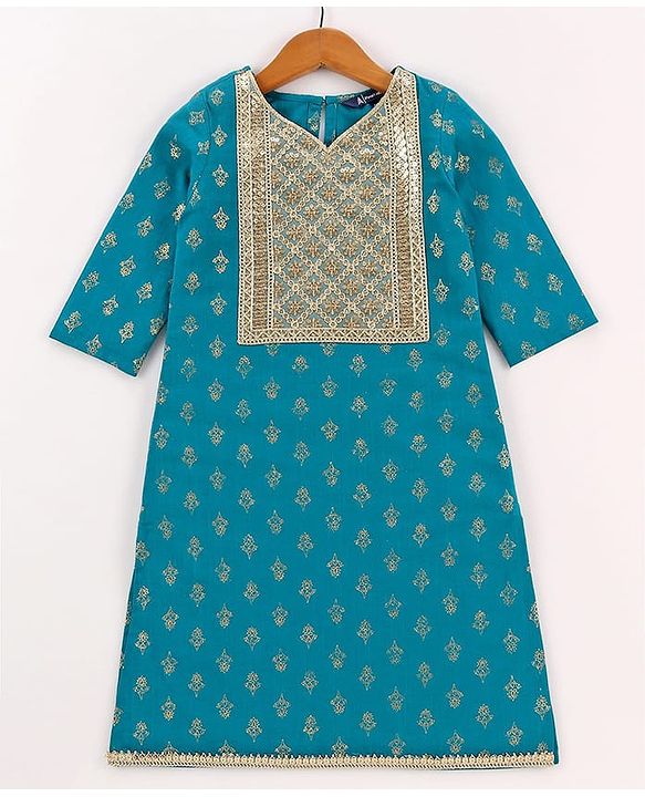Pine Kids Cotton Woven Half Sleeves Floral Printed Kurta Salwar Dupatta Set with Lace & Sequin Detailing - Teal Blue