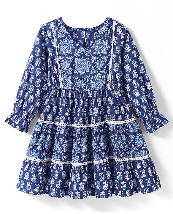 Pine Kids Woven Full Sleeves Tiered Ethnic Dress with Floral Print - Navy Blue