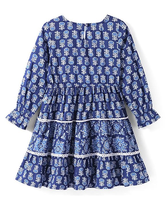 Pine Kids Woven Full Sleeves Tiered Ethnic Dress with Floral Print - Navy Blue