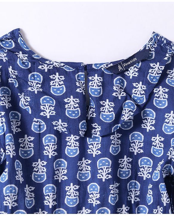 Pine Kids Woven Full Sleeves Tiered Ethnic Dress with Floral Print - Navy Blue