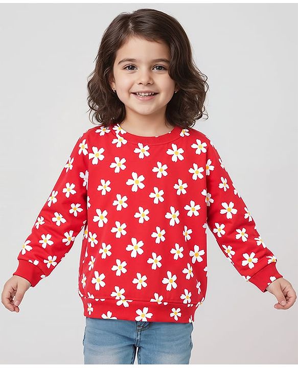 Babyhug Cotton Knit Full Sleeves Sweatshirt With Floral Print - Red