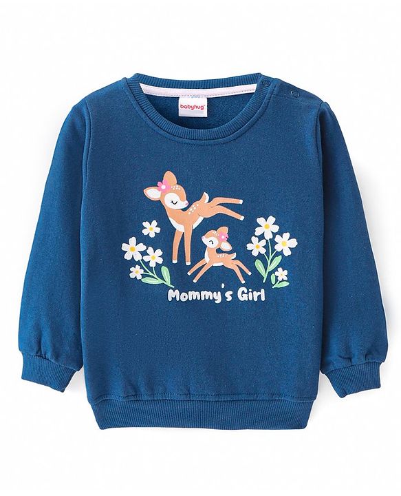 Babyhug Cotton Knit Full Sleeves Sweatshirt With Deer Print - Blue
