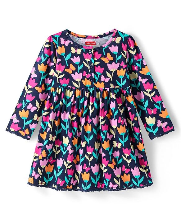 Babyhug Cotton Woven Full Sleeves Frock with Floral Print - Navy Blue