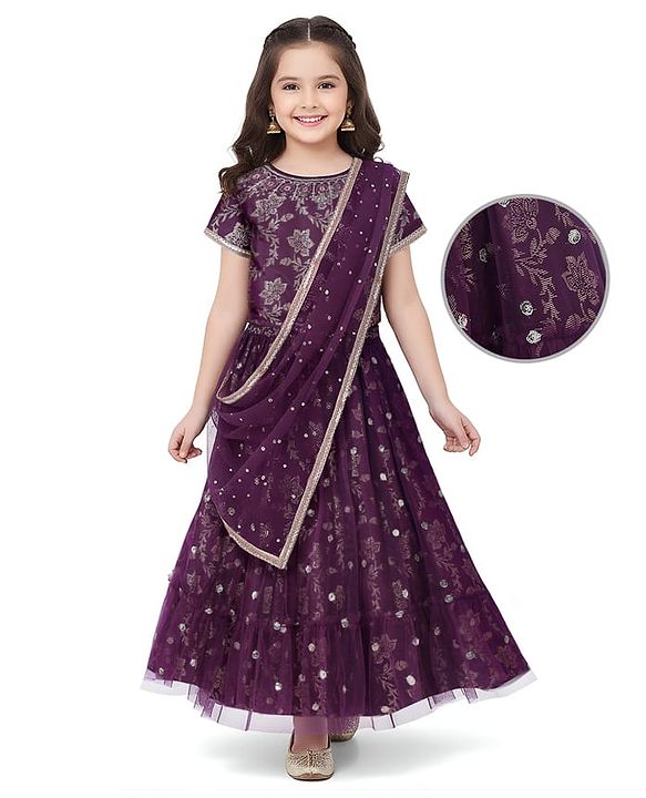 Pine Kids Woven Half Sleeves Floral Foil Printed Choli Lehenga & Dupatta  Set with Sequins - Wine