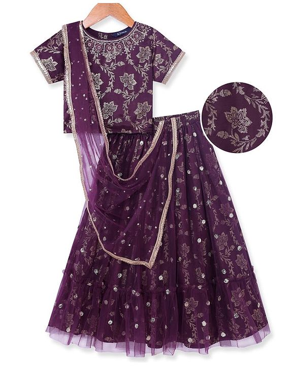 Pine Kids Woven Half Sleeves Floral Foil Printed Choli Lehenga & Dupatta  Set with Sequins - Wine