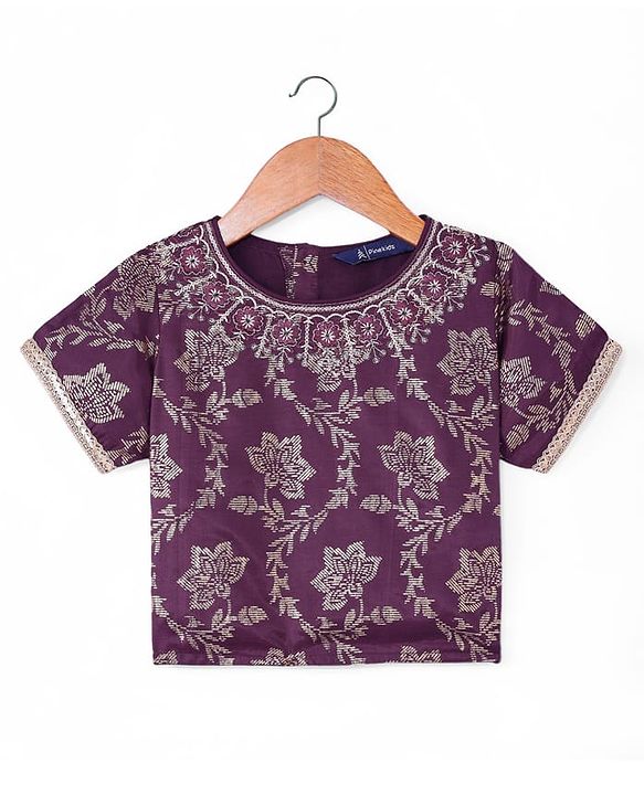 Pine Kids Woven Half Sleeves Floral Foil Printed Choli Lehenga & Dupatta  Set with Sequins - Wine