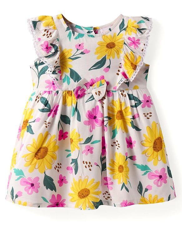 Babyhug Rayon Woven Frill Sleeves Anti Bacterial Frock with Floral Print - Peach & Yellow