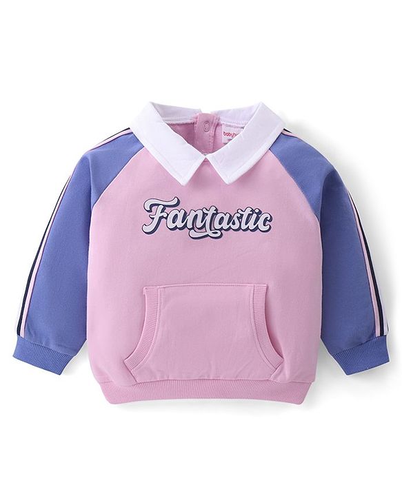 Babyhug Cotton Knit Raglan Sleeves Collared T-Shirt & Lounge Pants Set With Kangaroo Pockets & Text Print - Pink & Blue