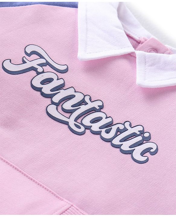 Babyhug Cotton Knit Raglan Sleeves Collared T-Shirt & Lounge Pants Set With Kangaroo Pockets & Text Print - Pink & Blue