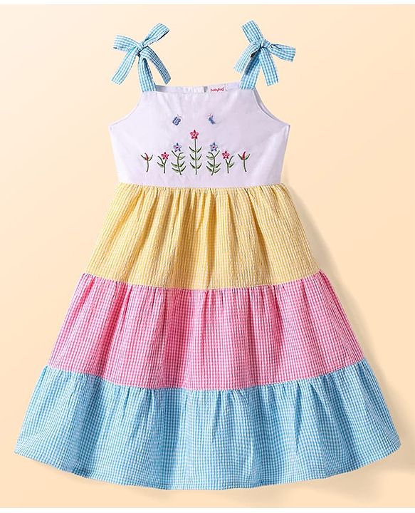Babyhug Seersucker Woven Sleeveless Checks Frock With Floral Embroidery - Multicolor