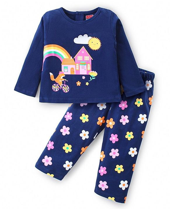 Babyhug Cotton Knit Full Sleeves Night Suit with Fox & Floral Print - Navy