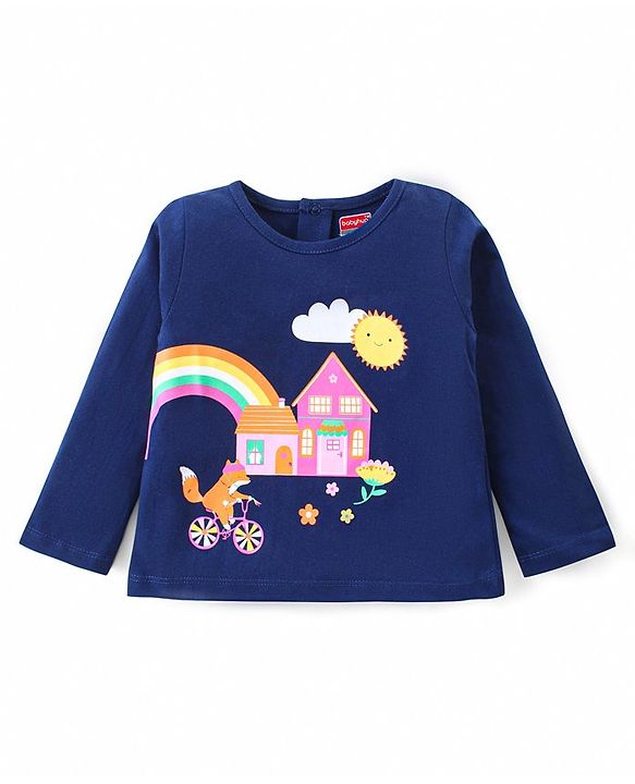 Babyhug Cotton Knit Full Sleeves Night Suit with Fox & Floral Print - Navy