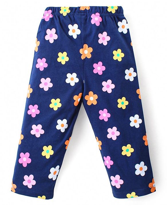 Babyhug Cotton Knit Full Sleeves Night Suit with Fox & Floral Print - Navy