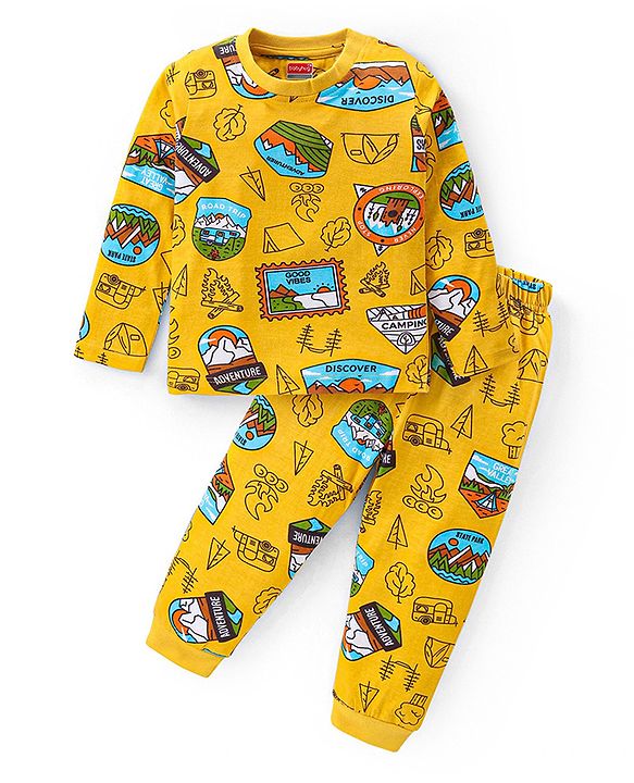 Babyhug Cotton Knit Full Sleeves Night Suit With Camping Theme Print - Yellow
