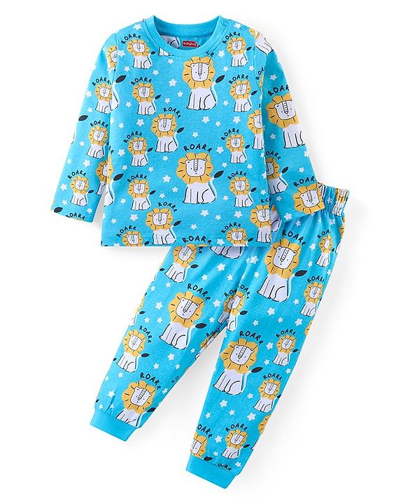 Babyhug Cotton Knit Full Sleeves Night Suit With Lion Print - Blue
