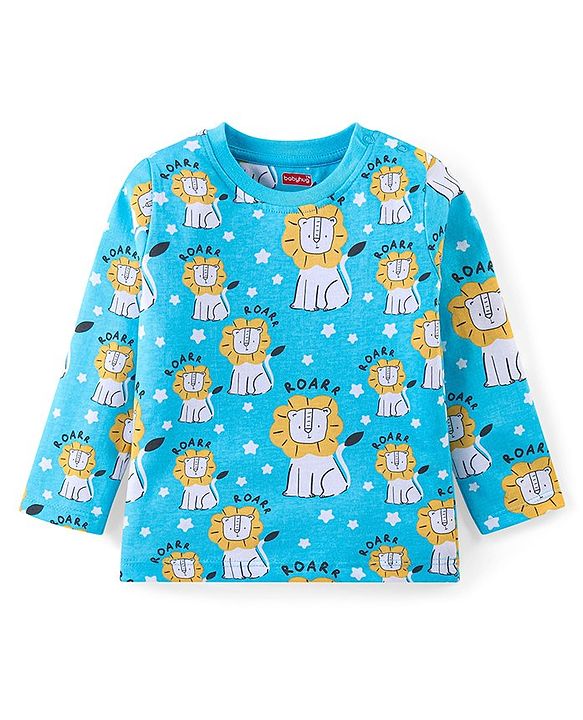 Babyhug Cotton Knit Full Sleeves Night Suit With Lion Print - Blue