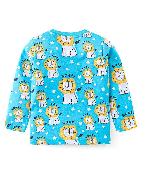 Babyhug Cotton Knit Full Sleeves Night Suit With Lion Print - Blue