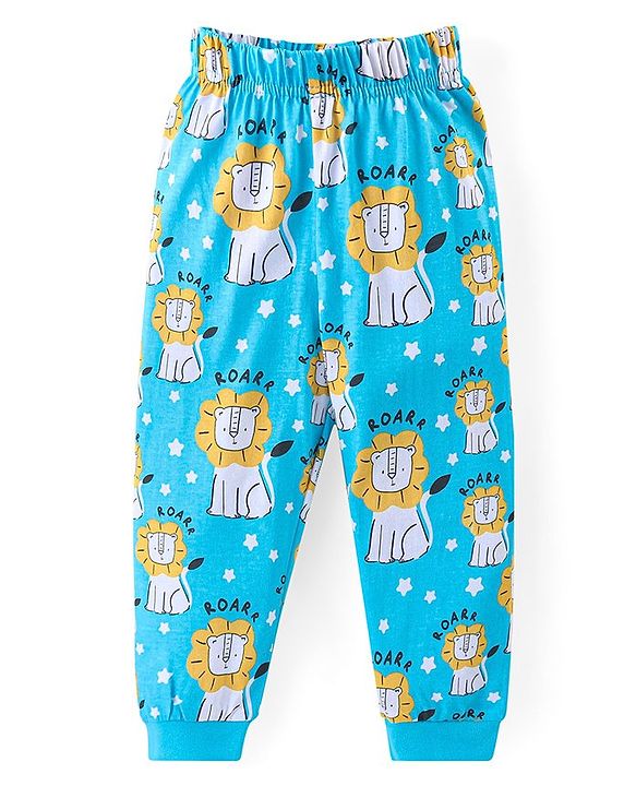 Babyhug Cotton Knit Full Sleeves Night Suit With Lion Print - Blue