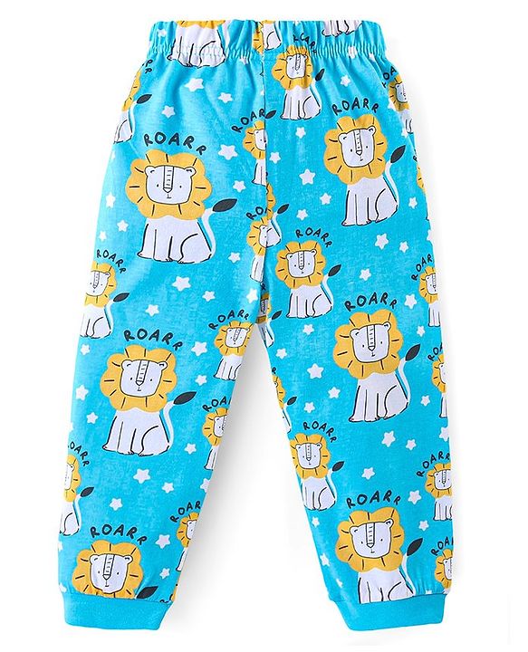 Babyhug Cotton Knit Full Sleeves Night Suit With Lion Print - Blue