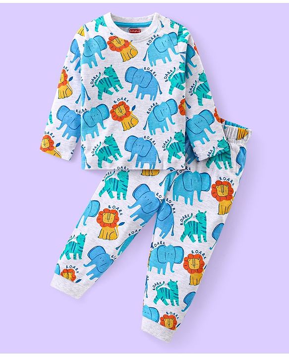 Babyhug Cotton Knit Full Sleeves Night Suit Wild Animals Print- Light  Grey