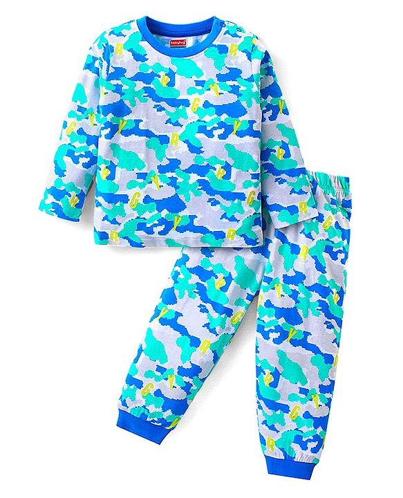 Babyhug Cotton Knit Full Sleeves Night Suit With Camouflage Print - Blue & Melange Grey