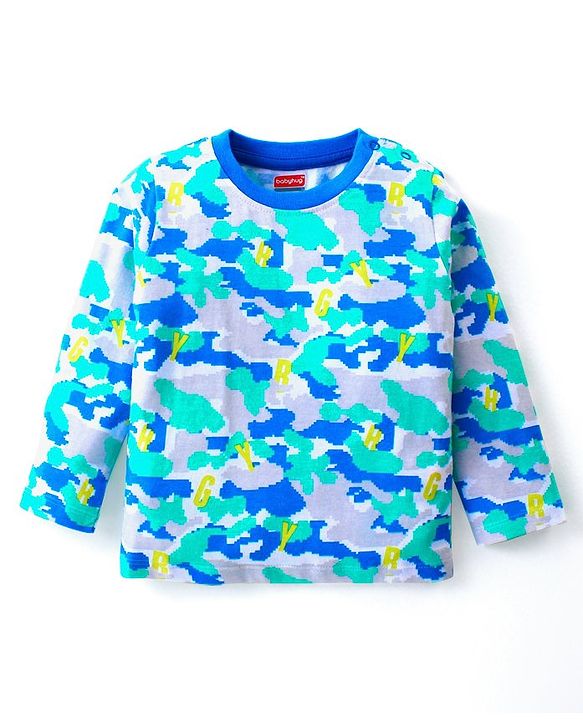 Babyhug Cotton Knit Full Sleeves Night Suit With Camouflage Print - Blue & Melange Grey