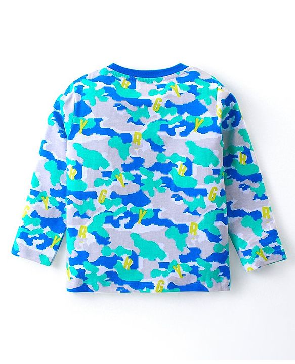 Babyhug Cotton Knit Full Sleeves Night Suit With Camouflage Print - Blue & Melange Grey