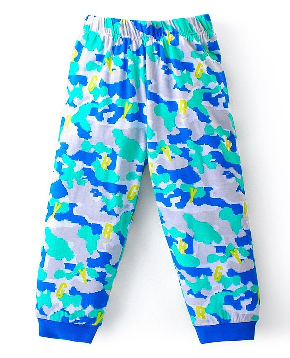 Babyhug Cotton Knit Full Sleeves Night Suit With Camouflage Print - Blue & Melange Grey