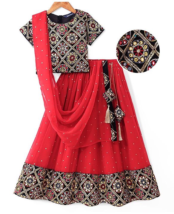 Pine Kids Woven Half Sleeves Banjara Designed Embroidered Choli Lagenga Set with Dupatta -  Red & Navy