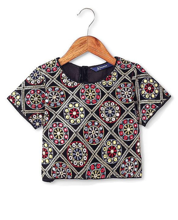 Pine Kids Woven Half Sleeves Banjara Designed Embroidered Choli Lagenga Set with Dupatta -  Red & Navy