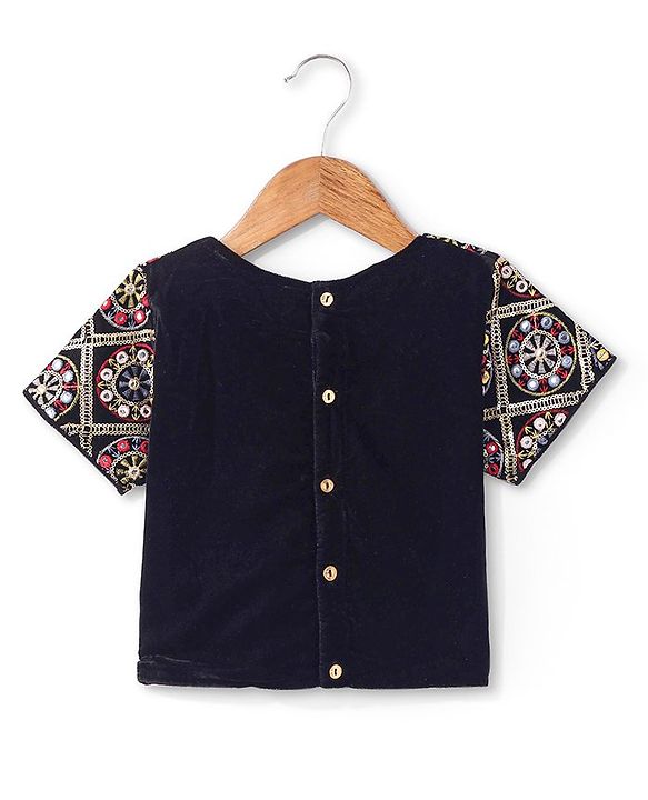 Pine Kids Woven Half Sleeves Banjara Designed Embroidered Choli Lagenga Set with Dupatta -  Red & Navy