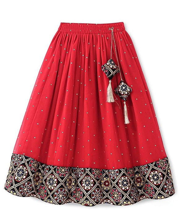 Pine Kids Woven Half Sleeves Banjara Designed Embroidered Choli Lagenga Set with Dupatta -  Red & Navy