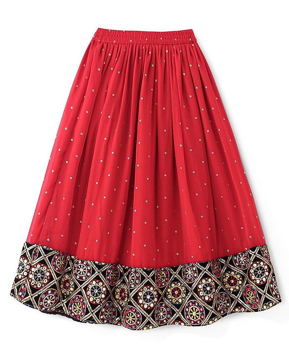 Pine Kids Woven Half Sleeves Banjara Designed Embroidered Choli Lagenga Set with Dupatta -  Red & Navy