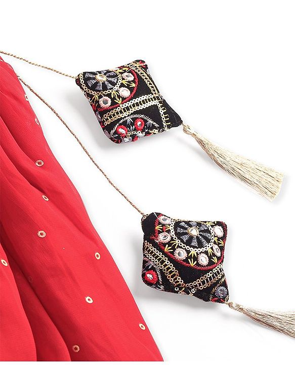 Pine Kids Woven Half Sleeves Banjara Designed Embroidered Choli Lagenga Set with Dupatta -  Red & Navy