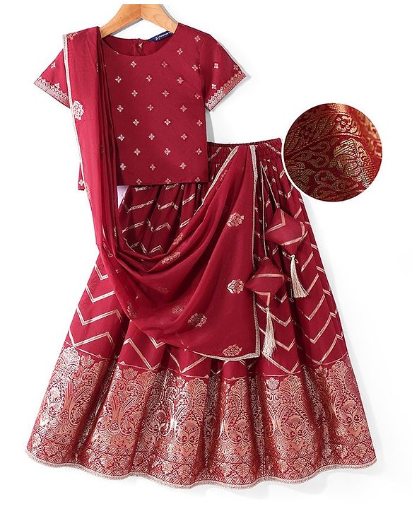 Pine Kids Woven Half Sleeves Zari Embroidered Choli Lehenga & Dupatta Set With Tassel Detailing - Dark Red