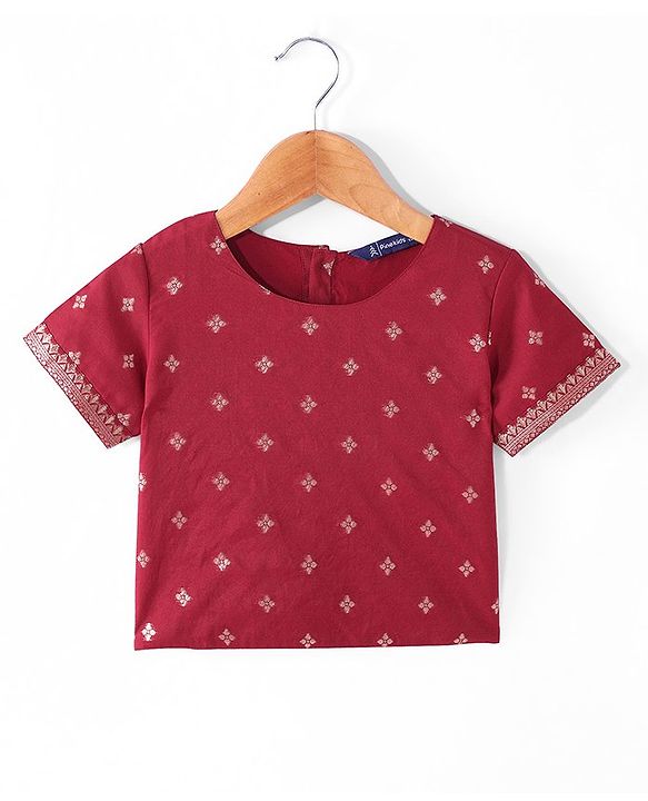 Pine Kids Woven Half Sleeves Zari Embroidered Choli Lehenga & Dupatta Set With Tassel Detailing - Dark Red
